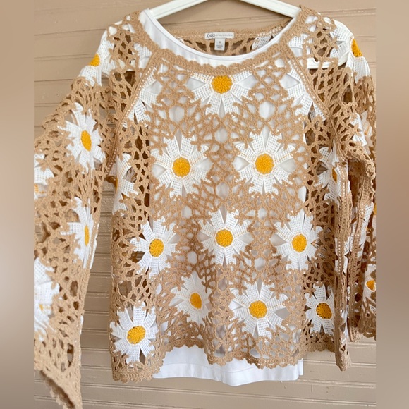 Cato Tops - Cato Crochet Floral Lace Top - Tan and White with tank top Size M